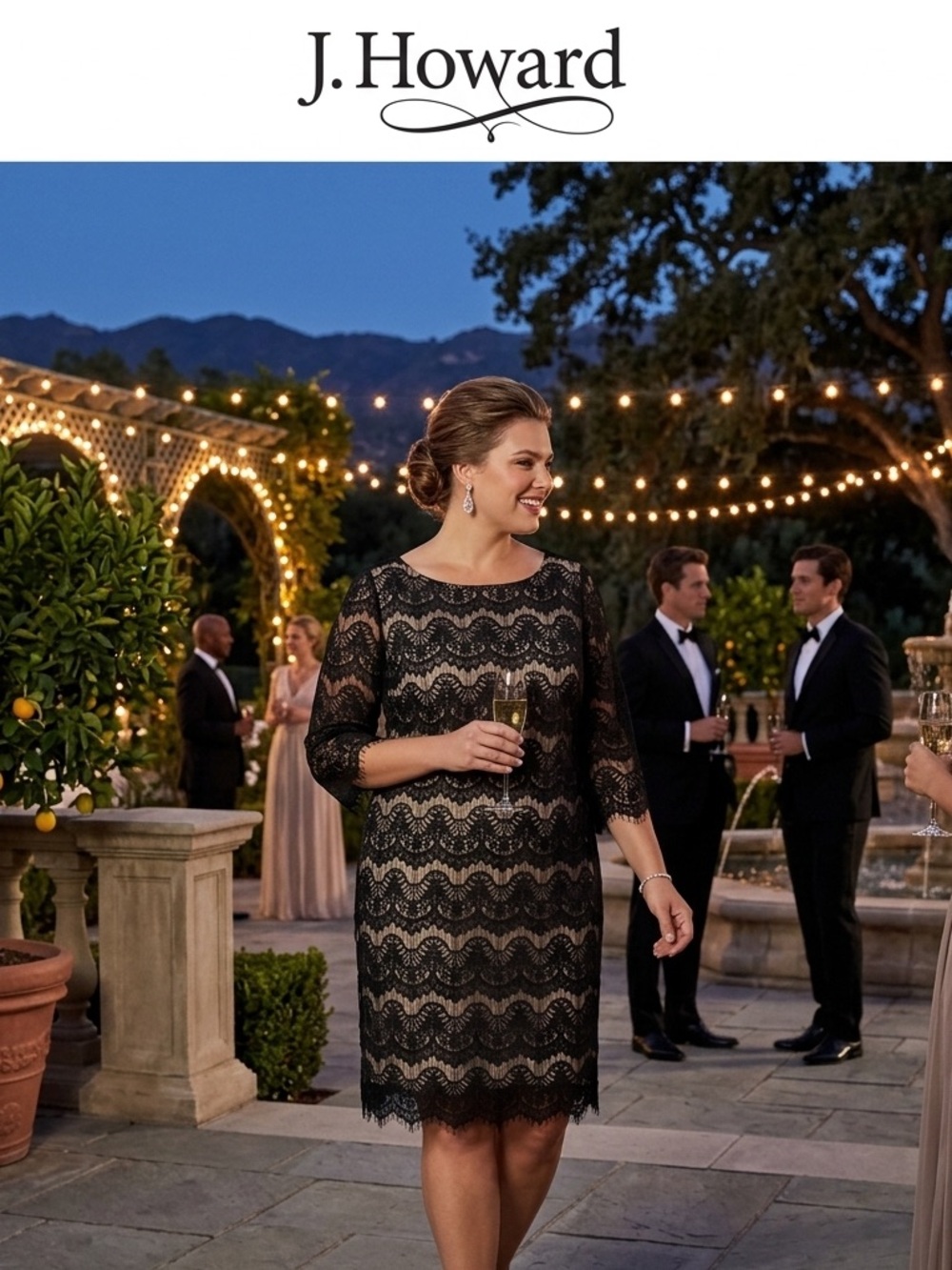 J. Howard Black Lace Midi Dress with Three-Quarter Sleeves